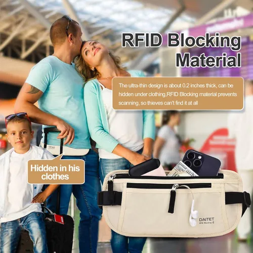 Miniatura 38 de DAITET Cinturón de dinero, soporte para pasaporte, cartera de viaje oculta segura con bloqueo RFID, riñonera encubierta (negro), Negro, Rfid