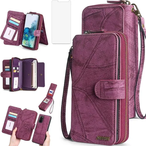 Asuwish Funda de teléfono para Samsung Galaxy S20 5G de 6.2 pulgadas con cremallera, funda desmontable con protector de pantalla de vidrio templado