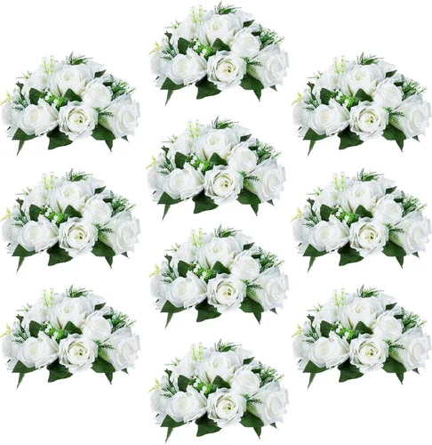Sziqiqi Paquete de 10 flores falsas, rosas de seda, ideales para centros de mesa de bodas/fiestas, decoración de estante de flores con plomo en la
