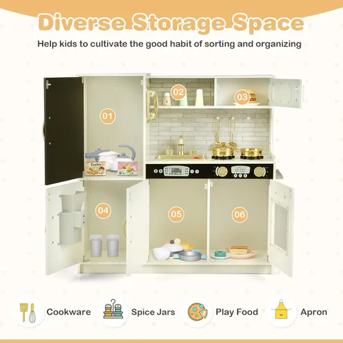 Miniatura 2 de Play Kitchen, juguete de cocina de madera para niños con microondas, nevera, horno fácil de hornear, pizarra y máquina de hielo, juguetes de cocina