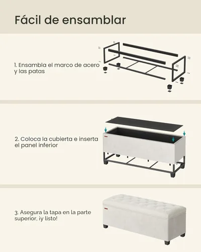Miniatura 6 de SONGMICS Banco otomano de almacenamiento de terciopelo, reposapiés con patas, 15.7 x 43 x 15.7 pulgadas, banco de extremo de cama, baúl de Blanco
