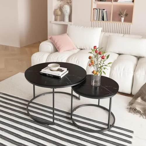 Miniatura 24 de Juego de 2 mesas auxiliares anidables para sala de estar, juego de mesa auxiliar redonda moderno, mesa auxiliar circular de madera y muebles Negro