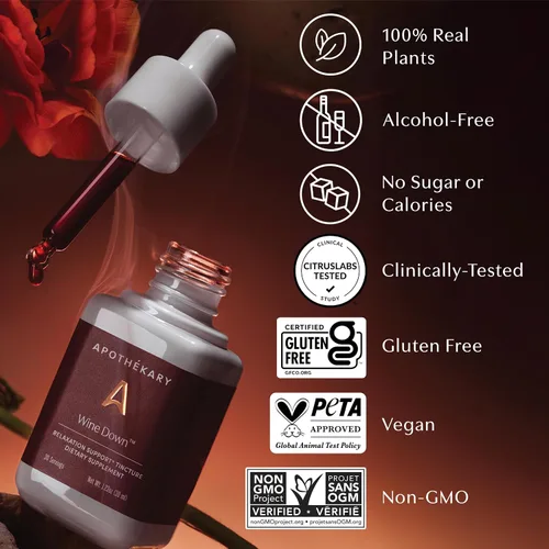 Miniatura 8 de Apothékary Wine Down, apoyo natural para dormir y relajarse, gotas líquidas herbales inspiradas en vino tinto sin alcohol, contiene verbena azul