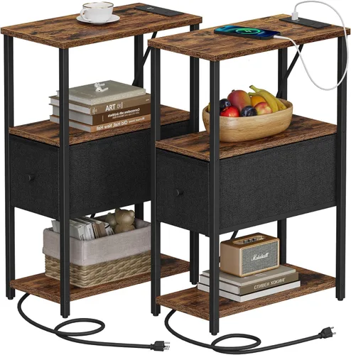 Miniatura 9 de TUTOTAK Mesa auxiliar pequeña y estrecha con LED y estación de carga, mesa lateral con tomas de corriente, mesita de noche con 2 cajones de tela
