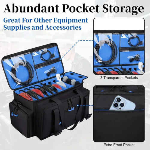 Miniatura 4 de Bolsa grande para cables de DJ con bolsillo para laptop y micrófono, bolsa de DJ para equipo y accesorios de música con divisores desmontables, Azul