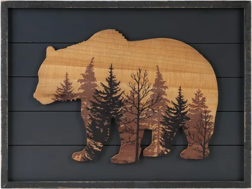 NIKKY HOME Lindo oso en el bosque, arte decorativo de pared con marco de madera para cabaña, 40,6 cm x 30,5 cm, gris pizarra oscuro