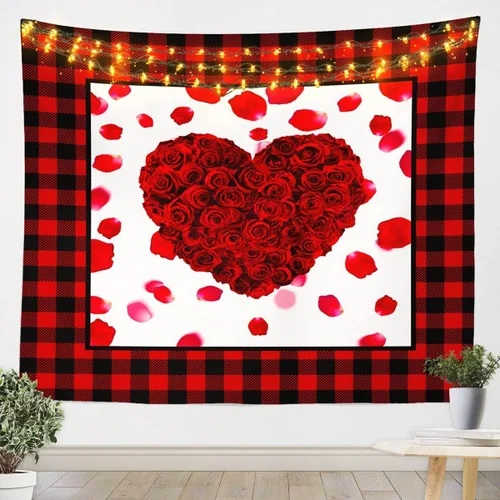 Miniatura 8 de Tapiz femenino de flores de rosas rojas, tapiz de pared para el día de San Valentín, decoración de habitación de niñas y mujeres, diseño de retazos