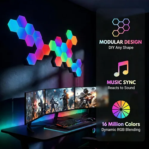 Miniatura 2 de TISOFU Luces Hexagonales (Paquete de 8) Paneles de Pared LED, Luces RGB para Juegos con APP, Panel Modular Inteligente Azulejos Hexagonales Push