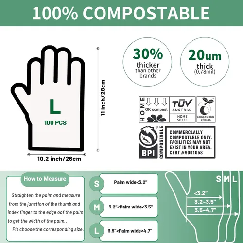 Miniatura 5 de Guantes desechables compostables de compost Guantes grandes de comida para limpiar cocinar, lavar platos, certificado BPI, 100 unidades, color blanco