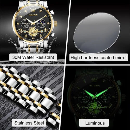 Miniatura 4 de OLEVS Relojes para hombre de acero inoxidable con cronógrafo, reloj de pulsera grande analógico de cuarzo, relojes de vestir impermeables de moda