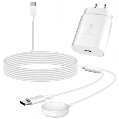 Cargador 2 en 1 para Samsung Watch, cargador rápido USB C de 25 W, compatible con Galaxy Watch 8/8 Classic/Ultra/7/6/6 Classic/5 Pro/5/4/4 Blanco