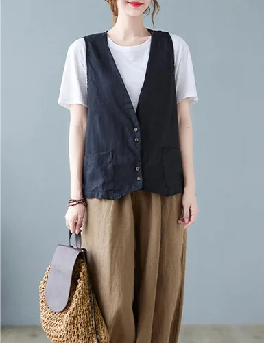 Miniatura 3 de Bozanly Chaleco sin mangas con botones para mujer, estilo casual, cuello en V, de lino y algodón, con bolsillos