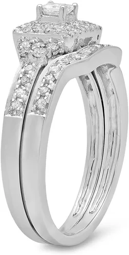 Miniatura 2 de Dazzlingrock Collection Anillo de compromiso de novia de oro de 14 quilates con diamantes redondos y princesa de 0,55 quilates con banda de 12 CT