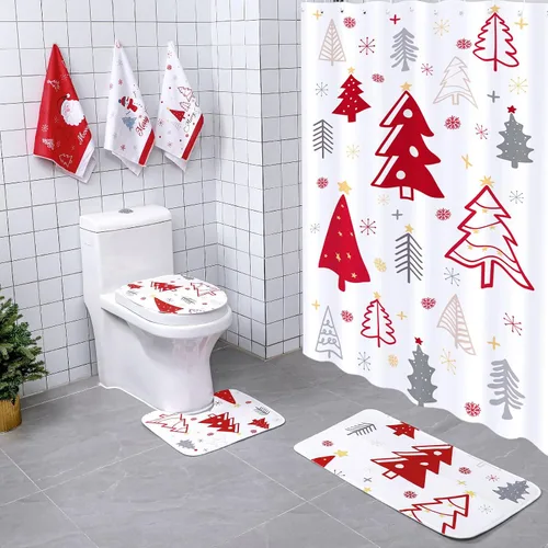 Miniatura 14 de Newwiee Juego de 7 Piezas de Cortina de Ducha Feliz Navidad, Juego de Cortina de Ducha de Árbol de Navidad Temática Bohemia, Decoración Navideña