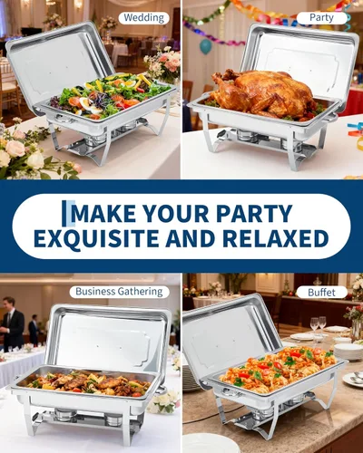 Miniatura 7 de GarveeHome Platos de roce para buffet, paquete de 2 unidades, de acero inoxidable de 8 cuartos de galón y calentadores de buffet con tapa, Plateado