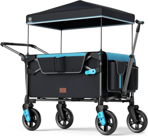 EVER ADVANCED Vagón ultracompacto para 2 niños, vagón cochecito plegable de viaje de empujar y tirar con toldo desmontable, asas y arneses Negro y