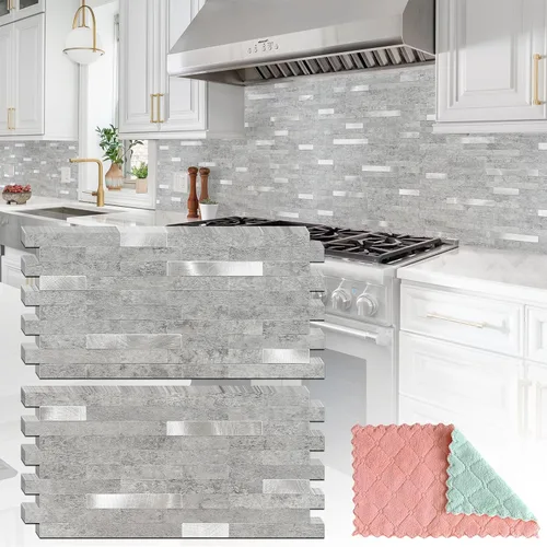 Miniatura 28 de StyloVue 20 hojas para despegar y pegar para cocina, mármol blanco con aspecto de metal plateado que se pega en azulejos para mejorar tu cocina