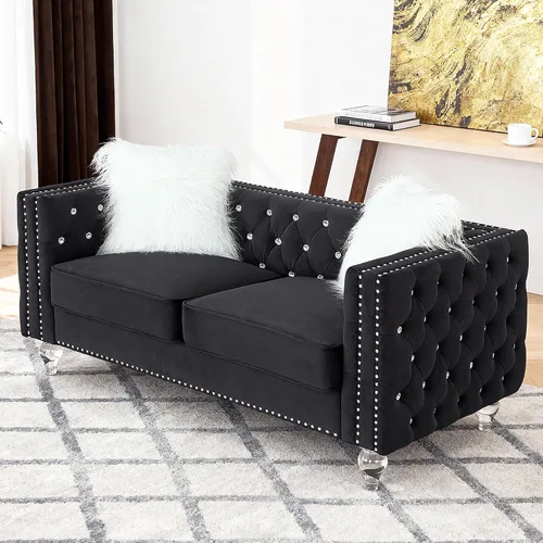 Miniatura 11 de Chesterfield - Sofá biplaza de lujo con patas acrílicas, sofás de 2 plazas, moderno de 59.84 pulgadas, con botones de diamante copetudo, con ribete