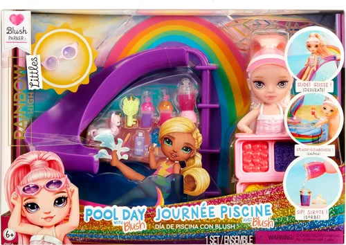 Rainbow High Littles Pool Day Playset + muñeca pequeña (rosa 5.5 pulgadas), piscina con tobogán arcoíris, accesorios, soporte para batidos, regalo