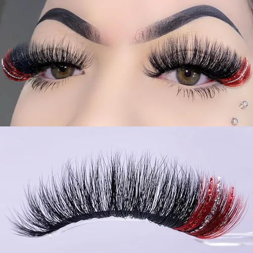 Pestañas postizas negras con reflejos rojos, 1 par de pestañas de tira voluminosa con purpurina para un aspecto dramático, color rojo en el extremo,