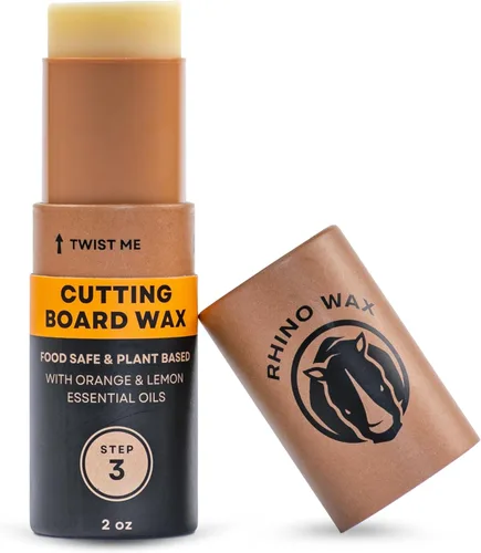 Rhino Wax Cera para tabla de cortar de coco de 2 onzas, mezcla natural de aceites y ceras (sin aceite mineral), sin ensuciar con un aplicador fácil