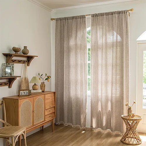 Miniatura 2 de Setaback - Cortinas bohemias de lino para sala de estar, 84 pulgadas de largo, 2 paneles con borlas, estilo campestre bohemio, bolsillo para Gris