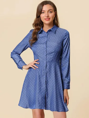 Miniatura 5 de Allegra K Vestido camisero con cinturón de lunares y manga larga con botones para mujer