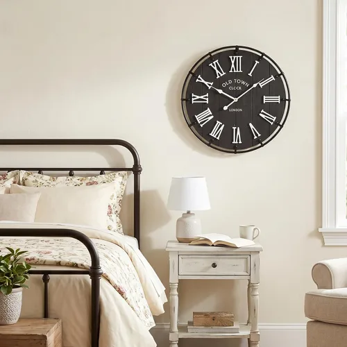 Miniatura 6 de EMAX HOME Reloj de pared grande de granja de 20 pulgadas, cara de grano de madera envejecida negra rústica con números romanos blancos, movimiento
