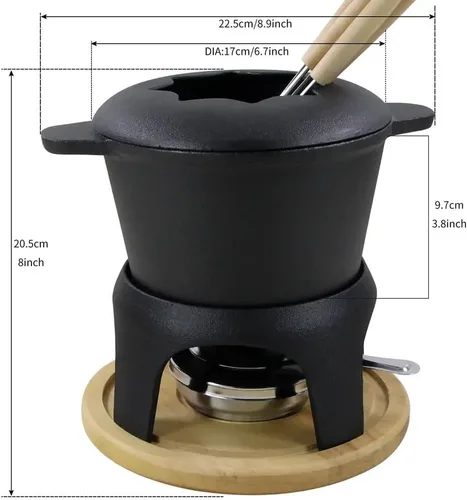Miniatura 7 de Juego de fondue tradicional de hierro fundido esmaltado negro mate para fondue suiza, 12 piezas, para carne, chocolate y queso, hierro fundido