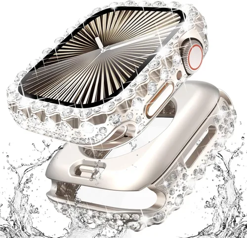 Miniatura 23 de Surace Estuche 2 en 1 impermeable brillante compatible con Apple Watch Series 9/8/7 de 45 mm, protector de pantalla, borde de encaje, diamante