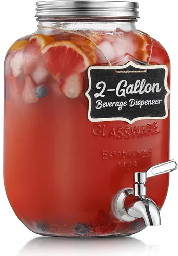 Dispensador de bebidas de vidrio de 2 galones, grifo y tapa de acero inoxidable 18/8 - Dispensadores de bebidas de vidrio para fiestas -
