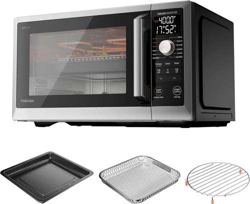 TOSHIBA Optichef Pro Freidora de aire Combo horno microondas para encimera con inversor de origen, ChefDefrost, 1.0 pies cúbicos, 1000 W, acero