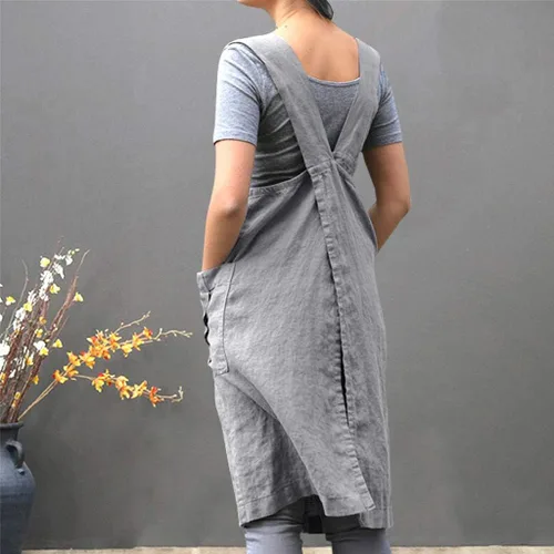 Miniatura 4 de XUNRYAN Delantal de lino de algodón para mujer, delantal cruzado en la espalda, vestido para hornear, cocinar, jardinería, trabajo, vestido