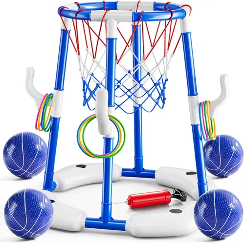 JUKUDAHU Aro de baloncesto para piscina, juguetes de piscina para niños de 4 a 8 años, juego de anillo flotante 2 en 1 con 4 bolas y bomba, juguete