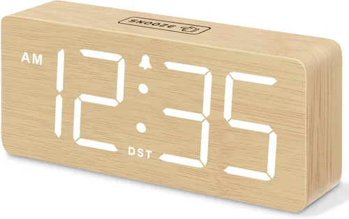 Miniatura 16 de DreamSky Reloj despertador digital de madera para dormitorio, reloj despertador fuerte para personas que duermen mucho con control de volumen