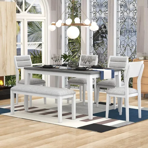 Miniatura 17 de Merax Juego de 6 piezas de comedor de 60 pulgadas para el hogar, cocina, comedor, juego de mesa rectangular con 4 sillas tapizadas y un banco, juego
