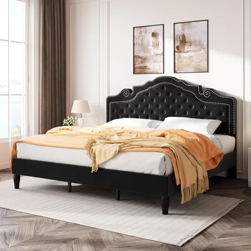 Miniatura 3 de SHA CERLIN Marco de cama tamaño completo con cabecera ajustable/Tapizado de terciopelo/Capitoné con botones de diamante y tachuelas de metal/No