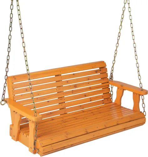 Giantex Columpio de madera para porche de 2 asientos, sillas oscilantes para exteriores con cadenas colgantes, capacidad de peso de 600 libras,