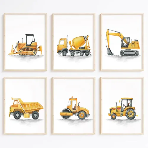 Miniatura 21 de Joocrise Juego de Arte de Pared de Camiones para Niños Set de 6 Decoración de Pared en Lienzo de Vehículos Camiones Arte de Pared de Construcción