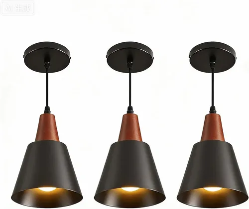 Miniatura 10 de Paquete de 2 luces colgantes, luces colgantes negras para isla de cocina, cúpula de madera, luces colgantes industriales minimalistas para isla