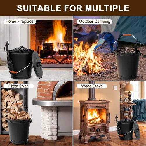 Miniatura 7 de F2C Cubo de cenizas grande de 5.5 galones con tapa y pala, juego de herramientas para chimenea, cubo de metal galvanizado para carbón y cenizas