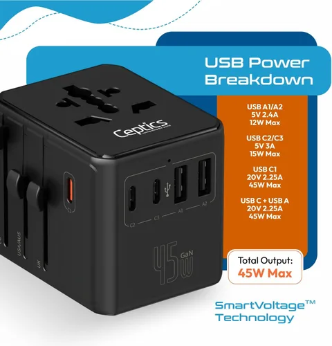 Miniatura 8 de Ceptics Adaptador de viaje universal 8 en 1 para la UE, Reino Unido, EE. UU., AU y más, adaptador de viaje mundial, 2X enchufe de EE. UU., enchufe