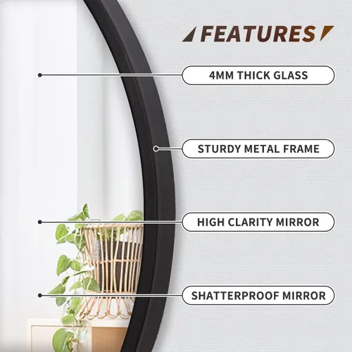 Miniatura 5 de ZenStyle Espejo de pared circular de 18 pulgadas x 2 pulgadas, color negro, espejo de baño con marco de metal grande con ganchos prefijados para un