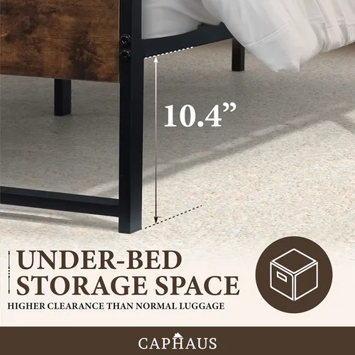 Miniatura 5 de CAPHAUS Base de cama de metal con cabecera y estribo de madera, plataforma de metal con marco de acero de primera calidad, base de colchón, sin
