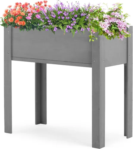 Cama de jardín elevada con patas (31 x 16 x 31 pulgadas), maceta elevada de madera maciza para exteriores Gris
