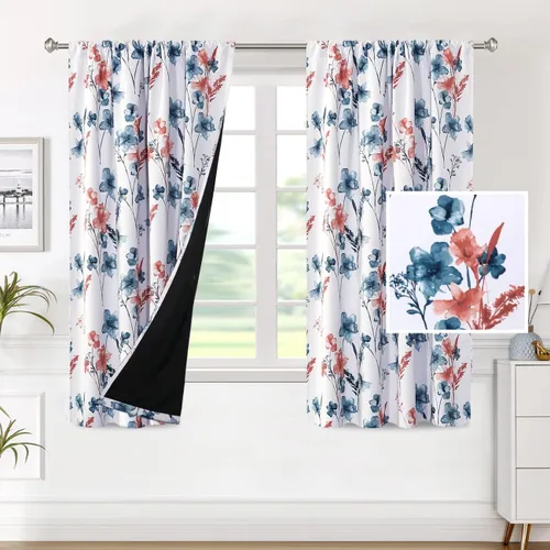 Miniatura 35 de H.VERSAILTEX Cenefas de cortina 100% opacas para ventanas de cocina, juego de 2 paneles de Cattleya con estampado floral Leah con aislamiento