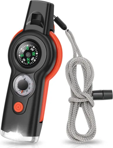 Miniatura 8 de Silbato con función de supervivencia de emergencia 7 en 1, silbato de seguridad multifuncional para exteriores con cordón, ideal para kayak