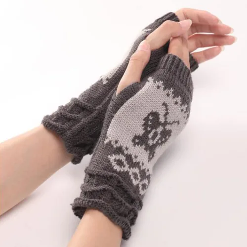 Miniatura 4 de Guantes elásticos de punto con diseño de mariposa para otoño e invierno para el pulgar hasta la muñeca gris oscuro