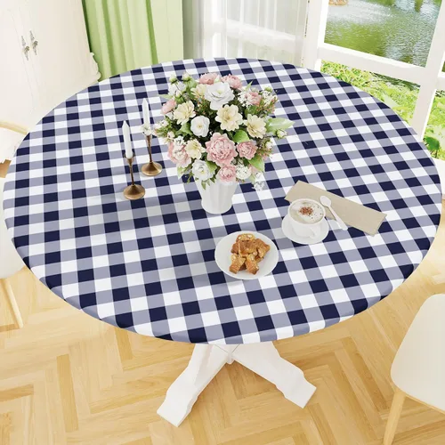 Miniatura 17 de Smiry - Mantel redondo de picnic de vinilo elástico impermeable con respaldo de franela, mantel de vinilo ajustable para mesas de 31-35 pulgadas