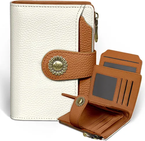 Icycay Cartera pequeña para mujer, plegable con bloqueo RFID, soporte para tarjetas de crédito, bolsillo con cremallera para monedas, piel